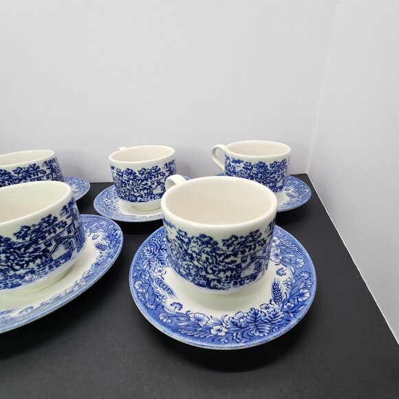 Vtg Churchill Currier and Ives Harvest Heritage Mint Cups & Saucer Set of 6 - Picture 4 of 10